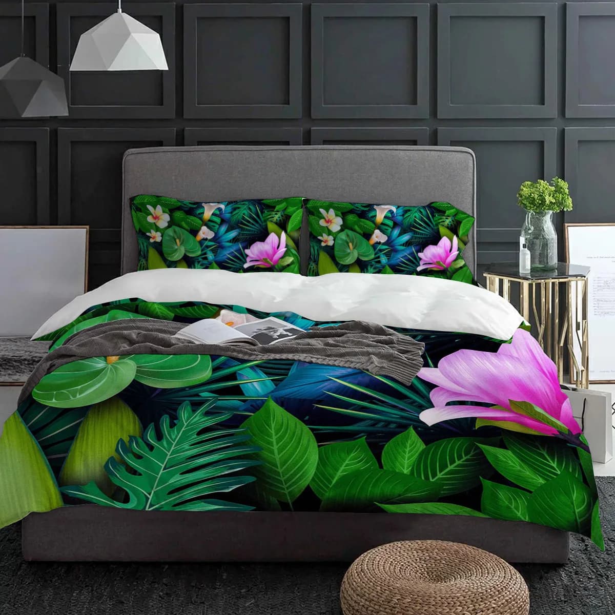 Copripiumino con fiori di plumeria con foglie di piante verdi con federa Set di biancheria da letto personalizzato 3 pezzi Copripiumino Letto matrimoniale Tessili per la casa