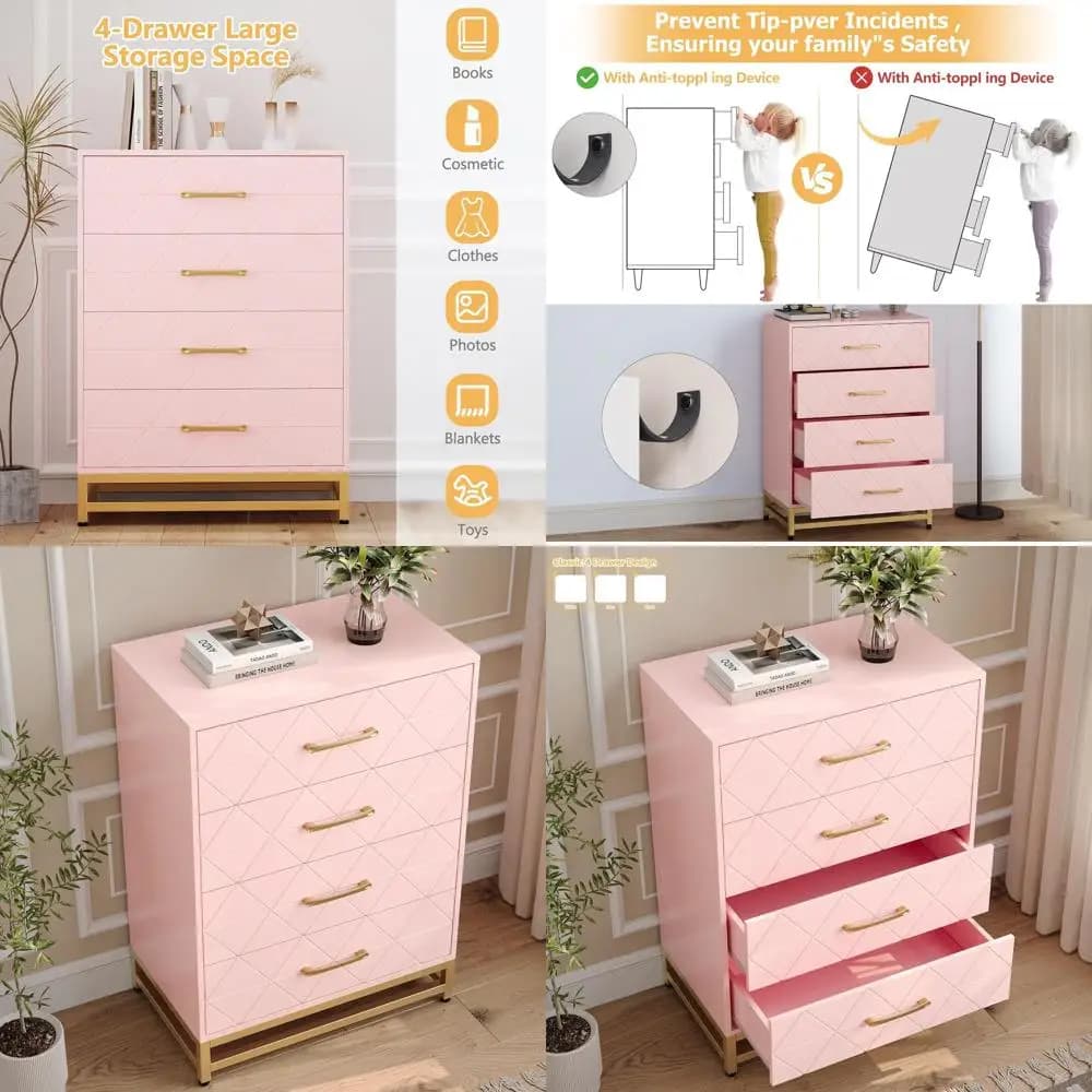 4-Drawer Bedroom Chest with Wide Drawers and Metal Handles, Wooden, Pink