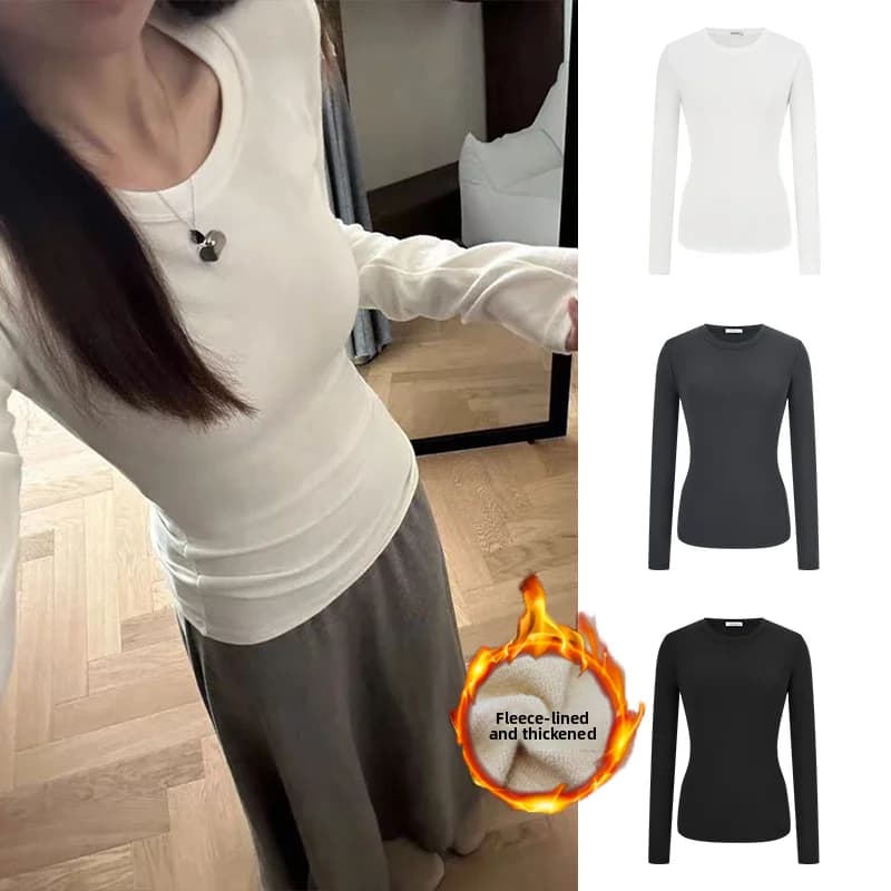 MosesQueen Fleece Lined Thickened Long Sleeve round Neck T-Shirt Women's Slim Fit Base Shirt White Shoulder Pad Straight Angle