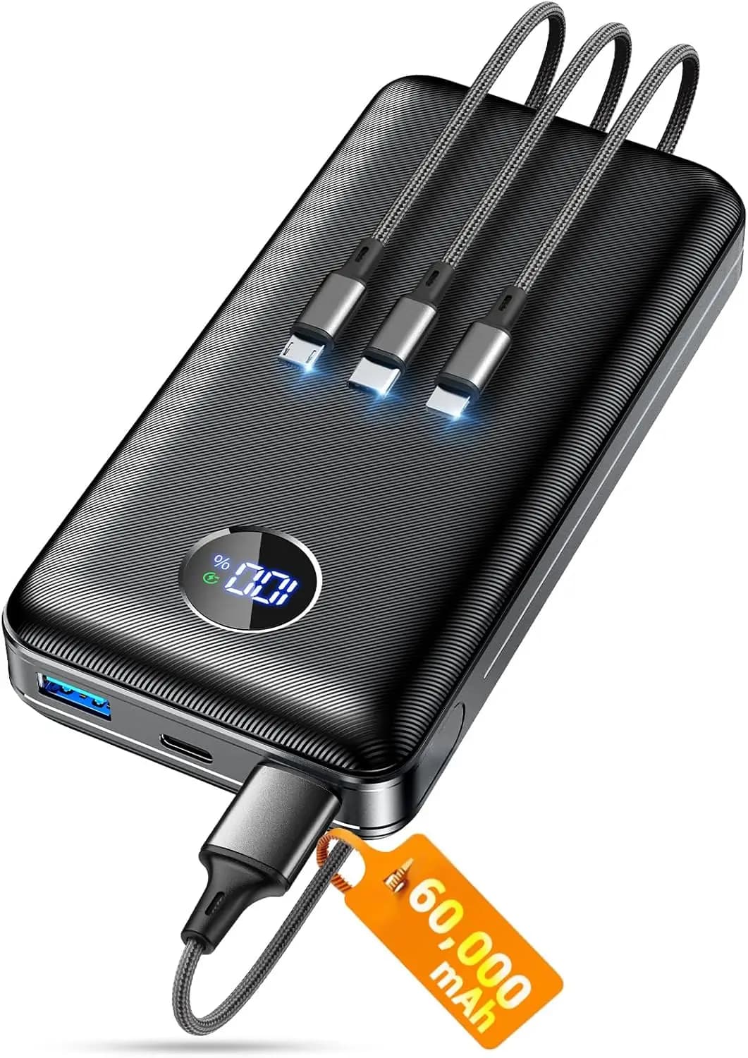 Power Bank da 60000mAh, Ricarica Rapida 22.5W con Cavo 3-in-1, Essenziale per Viaggi per iPhone Samsung Android