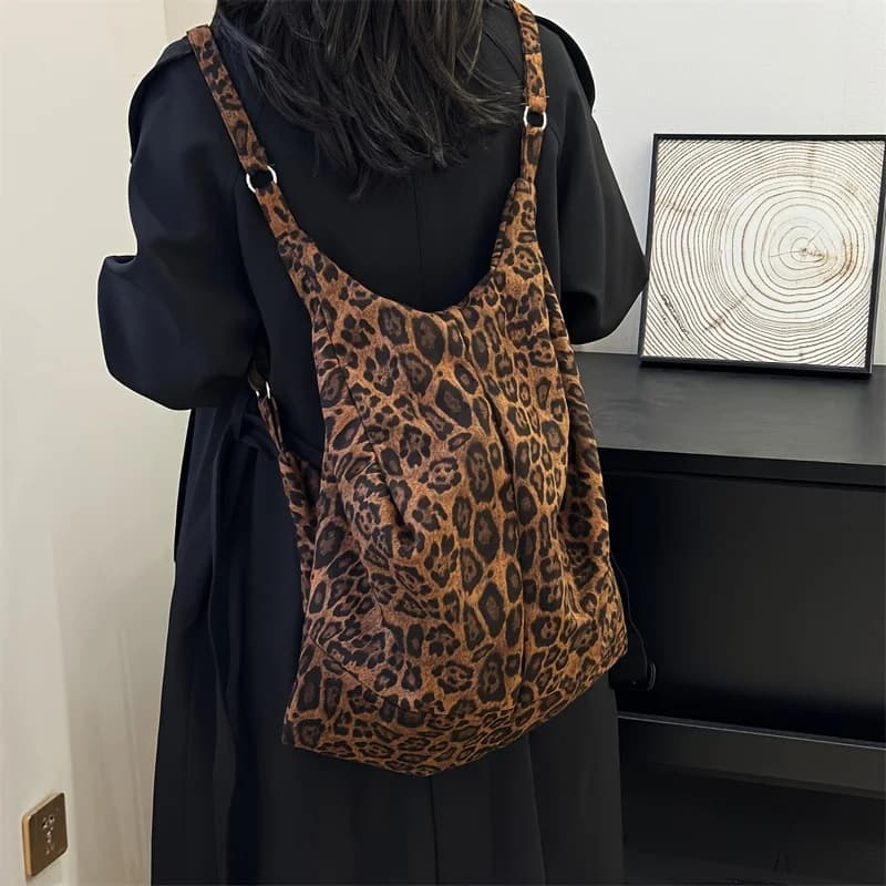 1pcs Canvas Large Capacity Shoulder Crossbody Bag Retro Leopard Print Casual Commuter Bag