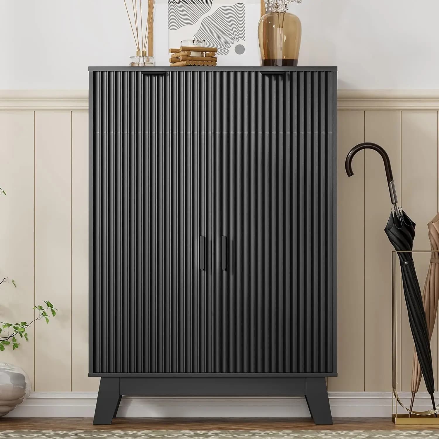 4 Tier Fluted Shoe Cabinet with 2 Drawer Adjustable Shelves Narrow Hidden Organizer Freestanding Rack for Entryway, Customized