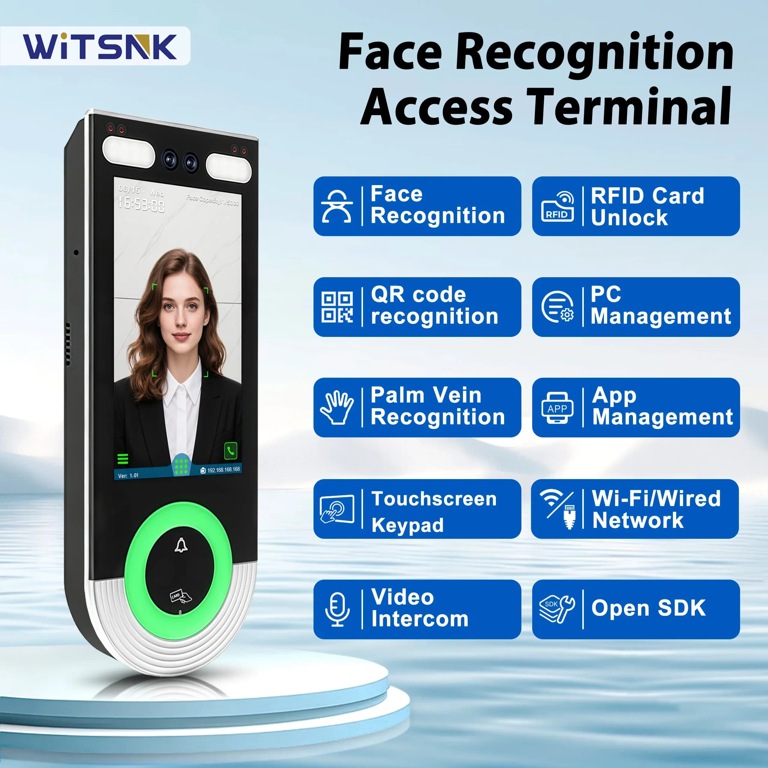 Terminale Biometrico da 5,5 pollici con Riconoscimento Facciale, Palmare, QR e RFID, Controllo Accessi con Videocitofono, Corpo in Lega di Alluminio, Gestione Cloud e Software per PC, Connessione TCP/IP e USB, Ideale p