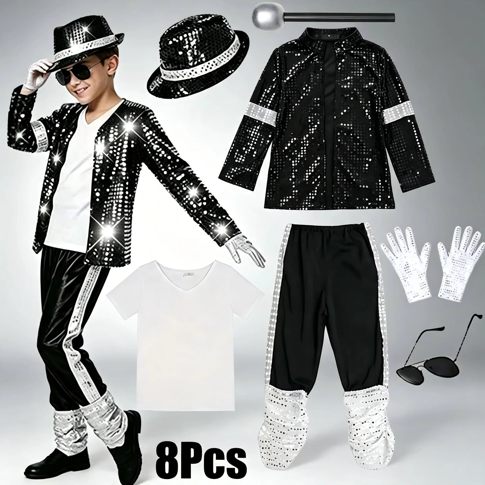 Children Vintage Superstar Cosplay Outfit 9Pcs Sequined Jacket Stripe Pants Wig Hat Gloves Stage Show Costume Clothes
