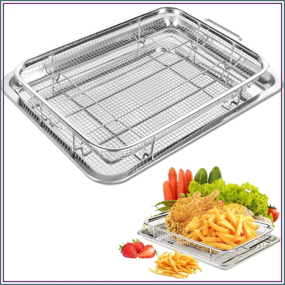 Air Fryer Basket for Oven 15" x 11", Stainless Steel Crisper Tray & Baking Pan Set with 50 PCS Parchment Paper, Oven Air Fryer Rack for Bacon, Fries, Chicken, Healthy Oil-Free Cooking