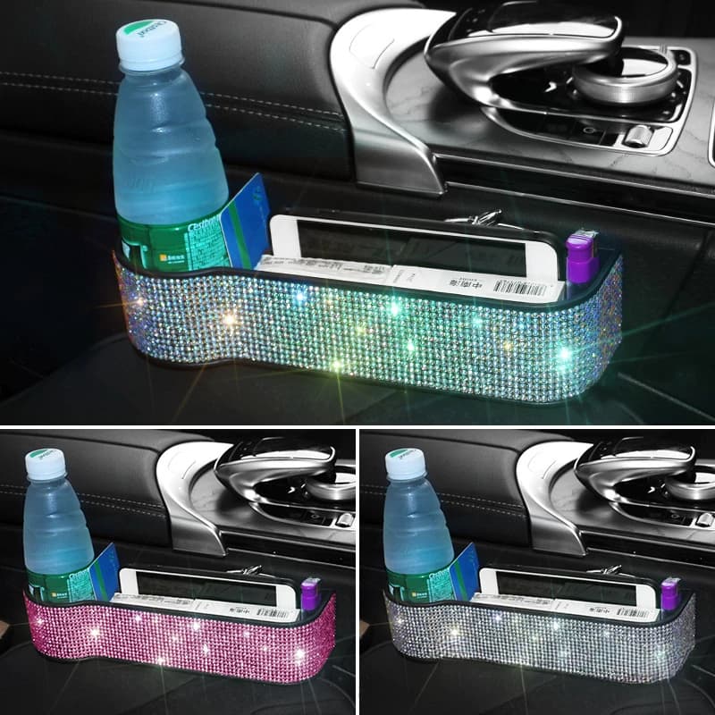 Scatola portaoggetti per fessure per auto con diamante di lusso, caricatore, spazio per sedile, tasca a fessura, organizer per carte, telefono, bottiglia, portabicchieri, accessori per auto