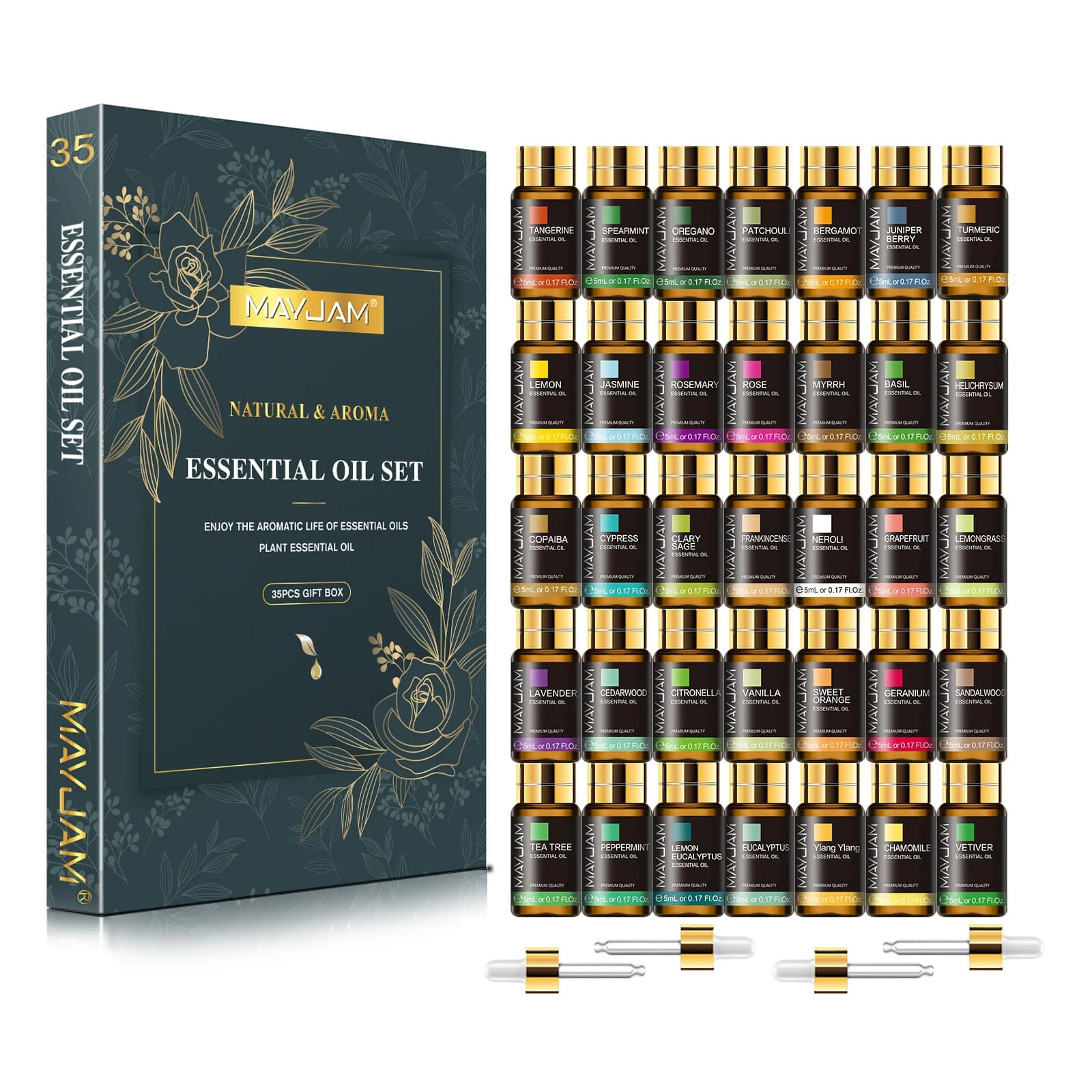 MAYJAM 35 bottiglie di olio essenziale per aromaterapia set regalo lavanda gelsomino eucalipto vaniglia menta piperita oli profumati in legno di sandalo