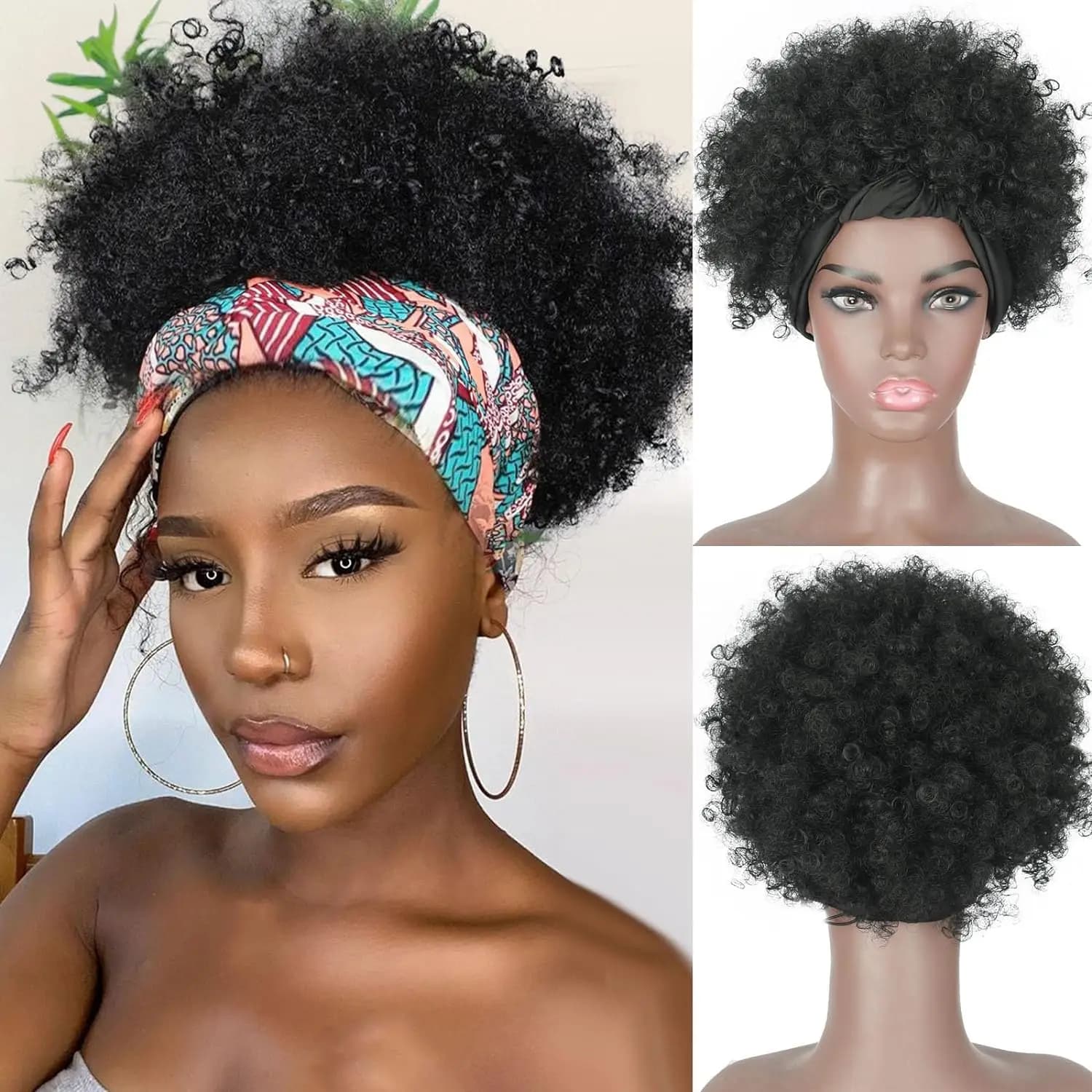 Parrucca riccia afro con fascia nera per donna, parrucca corta riccia naturale sintetica con fascia afro