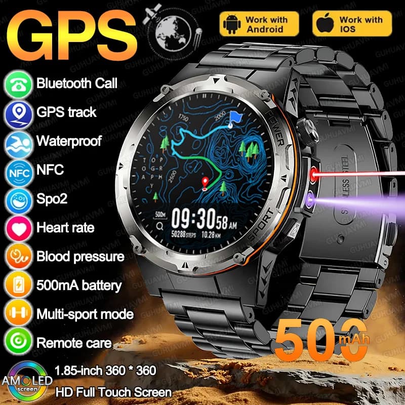 2026 Nuovo GPS Sport all'aria aperta militare Smart Watch da uomo 3ATM Fitness impermeabile Chiamata Bluetooth NFC UV + Monitoraggio a infrarossi Smartwatch