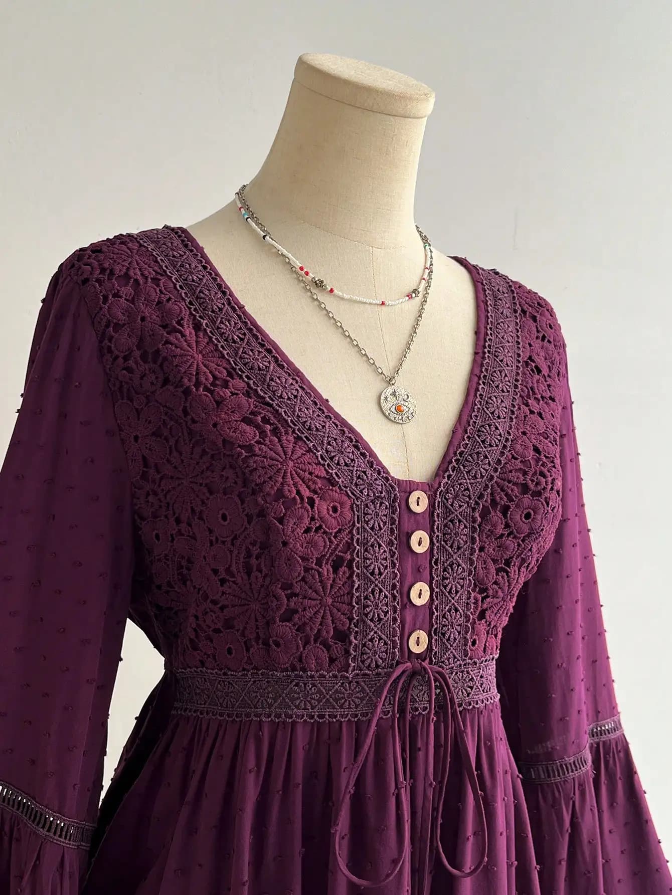 Women Bohemian Lace Flare Sleeve Tie Waist Blouse Casual Elegant Vacation Music Festival