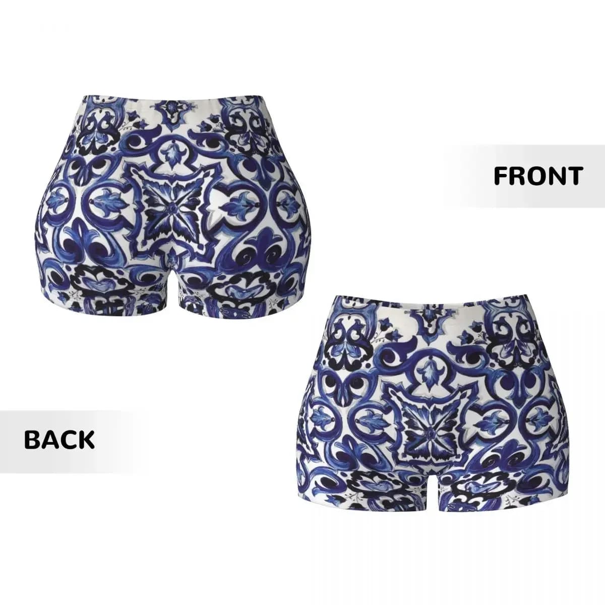 Custom Blue Ornate Floral Mediterranean Sicilian Tile Yoga Shorts Women Gym Workout Running Athletic Volleyball Biker Shorts
