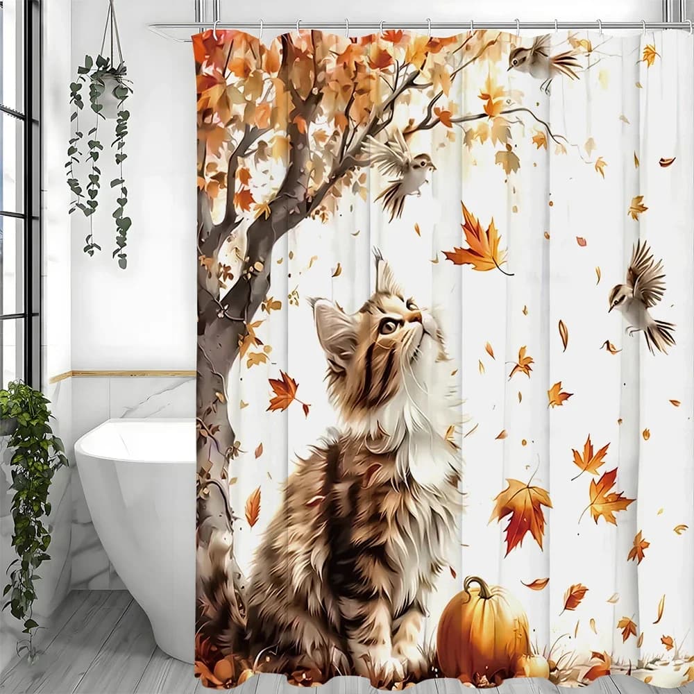 Tenda da doccia con albero d'acero, gatto, zucca, raccolta autunnale, tenda da doccia decorativa per il bagno, tenda da doccia impermeabile con gancio