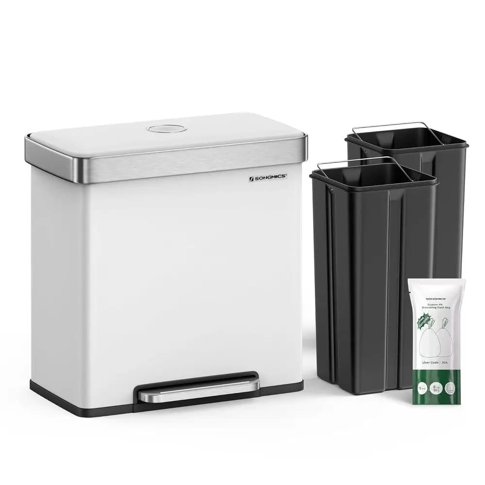 Bidone della Spazzatura a Doppio Scomparto da 60L con Pedale, Contenitore per Riciclaggio in Acciaio Inox, 15 Sacchi, Bianco Nuvola