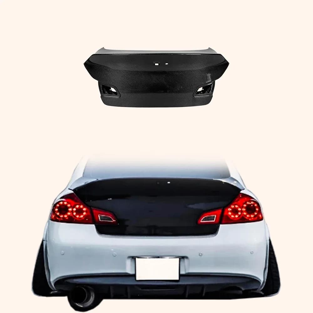 Per Infiniti G37 4 porte Berlina 08-13 Baule posteriore in carbonio stile HT con foro per fotocamera e foro per pulsante del bagagliaio aperto