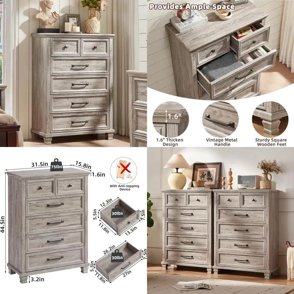 Cassettiera vintage in legno stile fattoria a 6 cassetti alta 45 con gambe quadrate per camera da letto