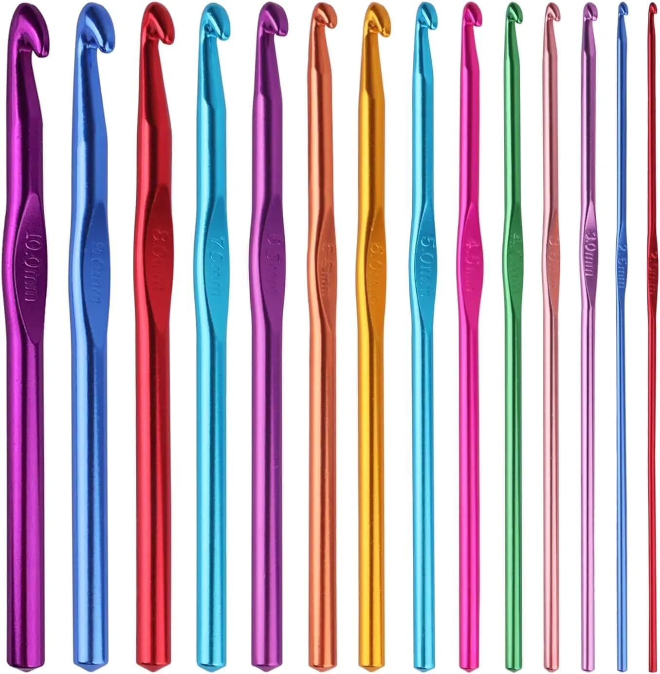Set di 14 Ferri da Uncinetto in Alluminio Multicolore, Misure 2-10mm per Lavori a Maglia