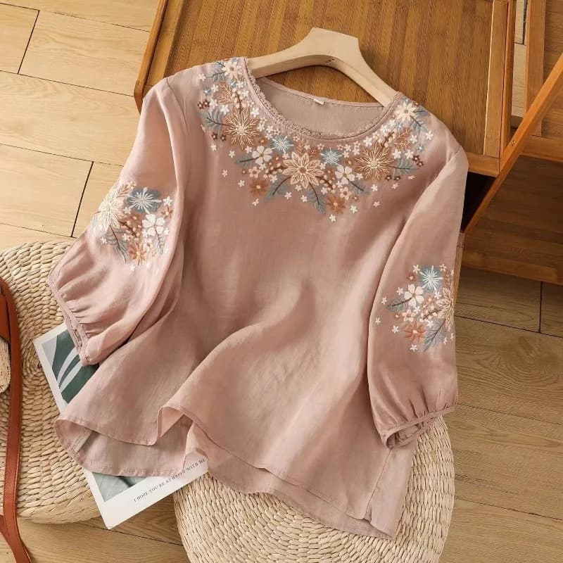 Women's blouse with floral embroidery, 3/4 sleeves, crew neck, linen, casual