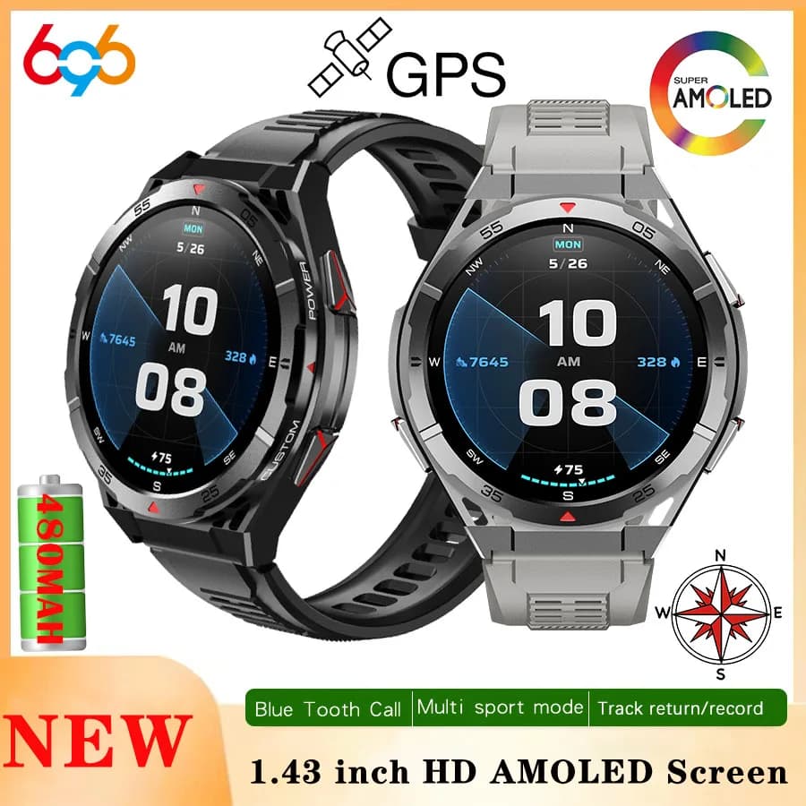 GPS esterno Smartwatch Sport Bussola Altitudine Pressione dell'aria Smart Watch BT Chiamata 3ATM Frequenza cardiaca impermeabile Salute Schermo AMOLED
