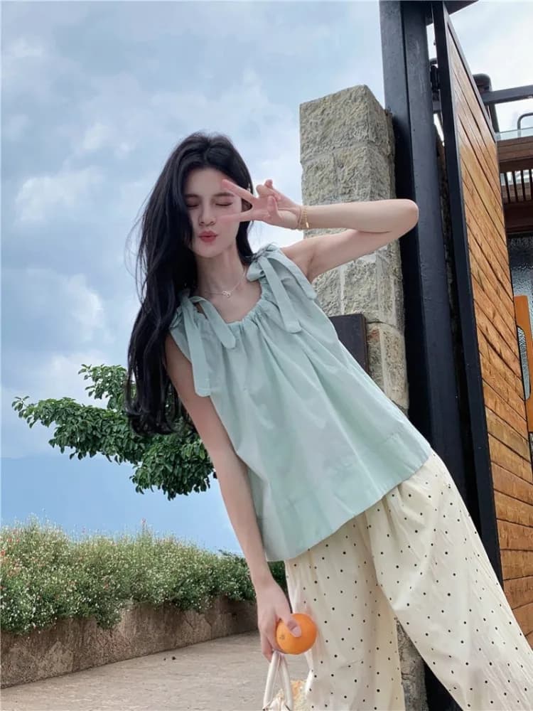 Korean Style Bow Tie Sleeveless Shirt Vest Women Summer Green Loose Doll Shirt Sweet Anti Aging Top