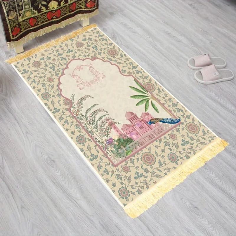 Lussuoso tappetino da preghiera in velluto di seta dorato spesso con nappe, tappetino da preghiera pieghevole antiscivolo – Squisito motivo floreale, lavabile in lavatrice
