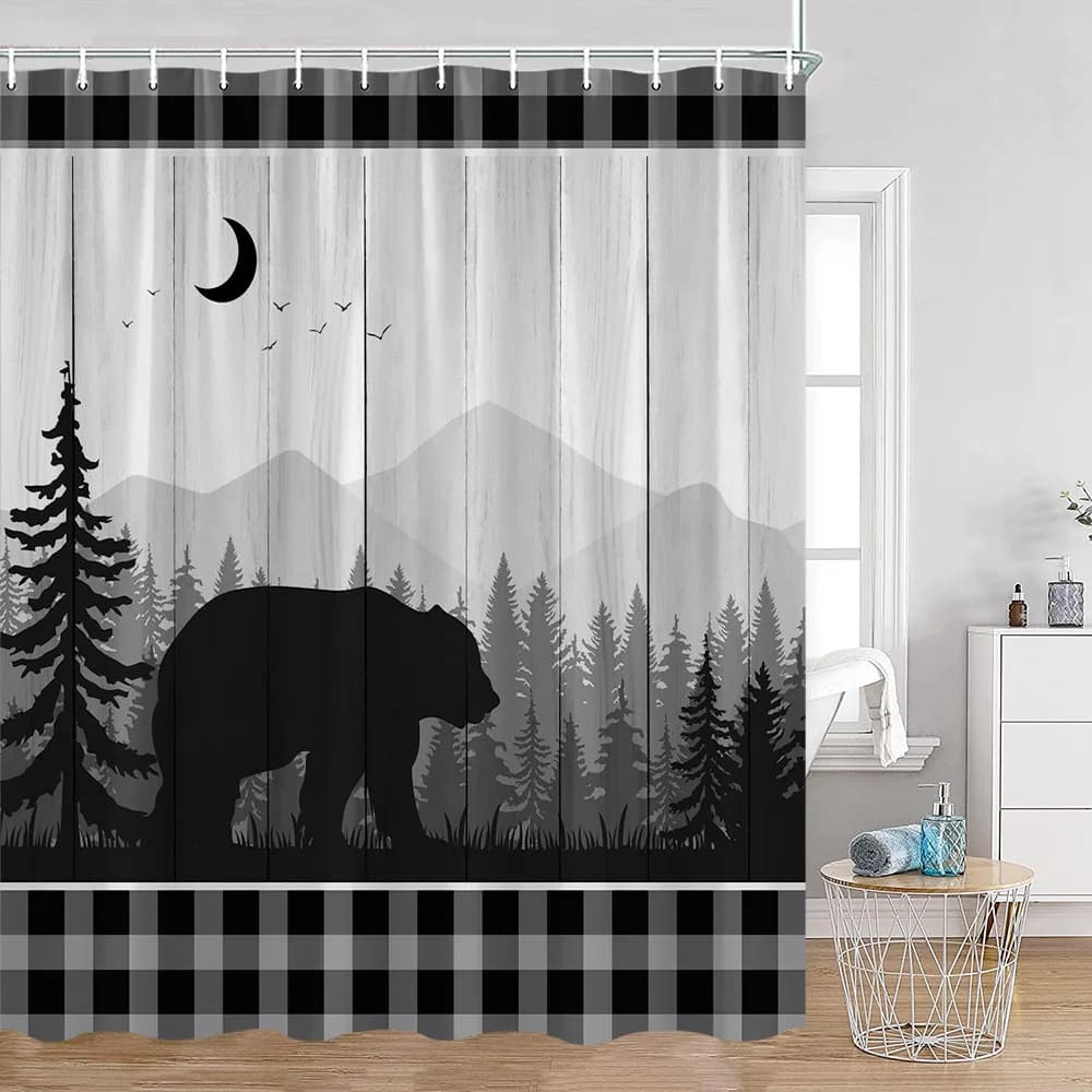 Tende da doccia con orso divertente, orso da bagno, modello di assiette in legno, tessuto, arredamento per il bagno, tenda da bagno rustica con silhouette di orso con ganci