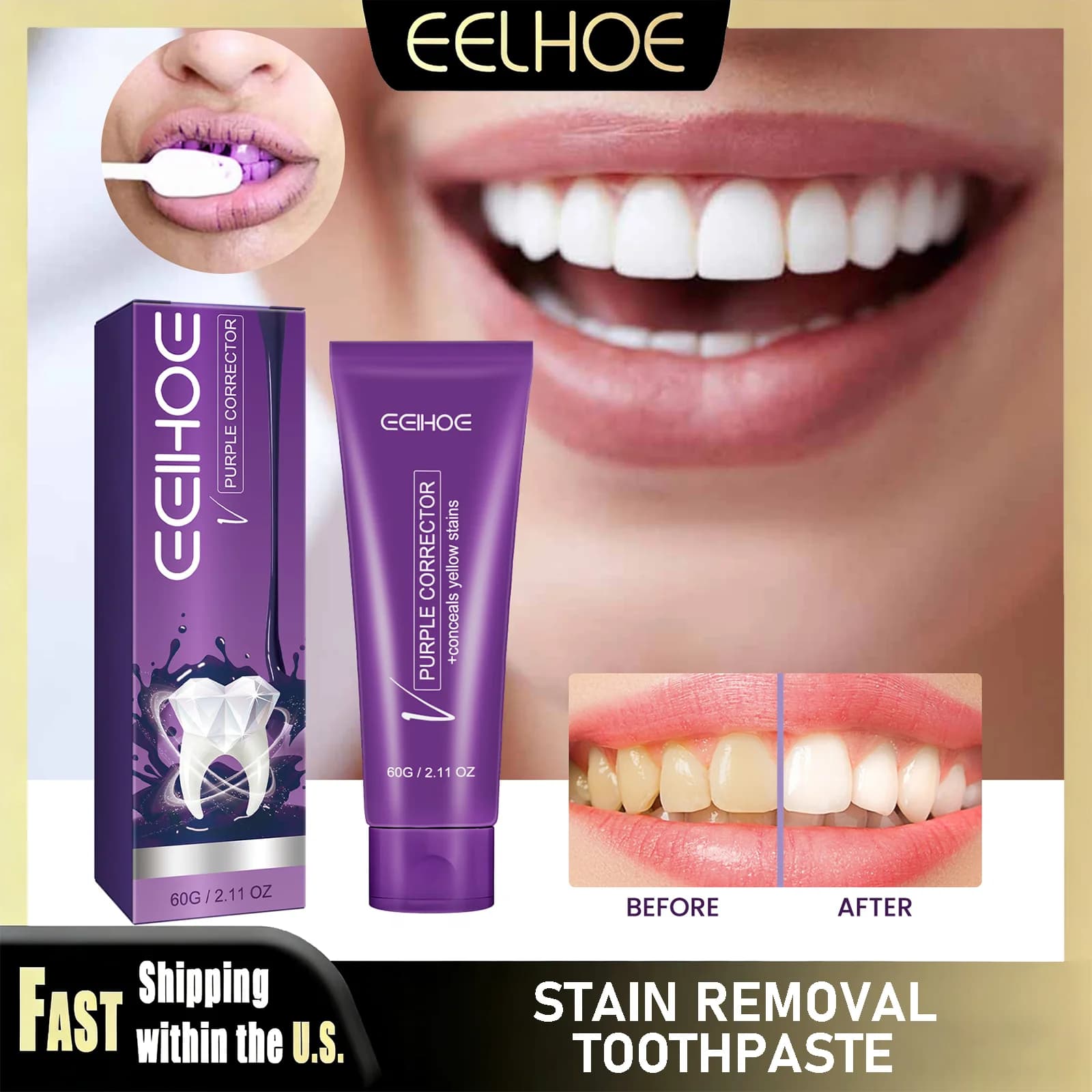 EELHOE Dentifricio Viola per Sbiancamento e Correzione di Colore, Istantaneo whitening, Removing the Superficiali dei Denti, Alito Fresco, Oral Care