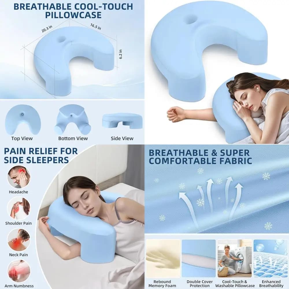 Memory foam side sleeping cushion with arm hole - Blue, designed for neck and shoulder comfort
