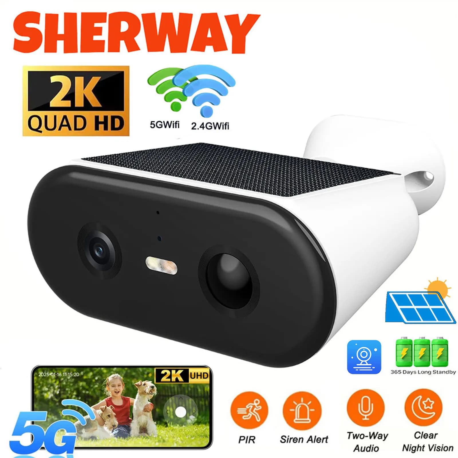 Outdoor Solar Camera 2K Wireless Security Camera WIFI 5G Ultra Standby AI PIR Motion Surveillance Night Vision Color Battery Cam