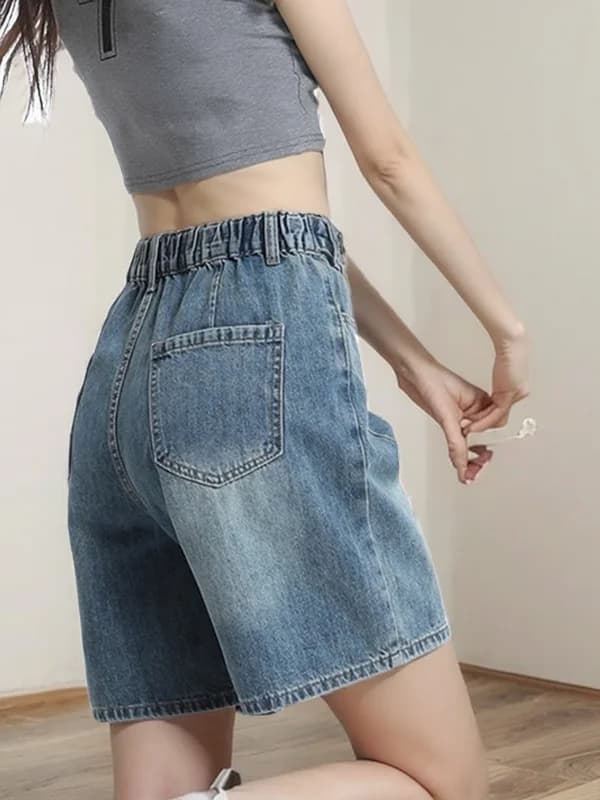 High Waist Elastic plus Size Denim Shorts Women's Summer Thin Wide Leg Straight A-Line Pants Fat Sister M Casual Fashion