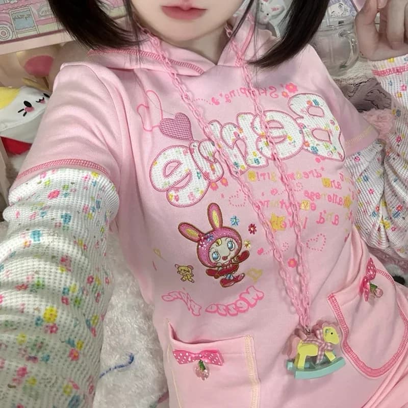 Abito con Cappuccio Stile Y2k Giapponese con Stampa Cartoon Kawaii, Nuovo Vestito a Due Pezzi Finto con Maniche Lunghe, Mini Abito Casual Carino e Aderente