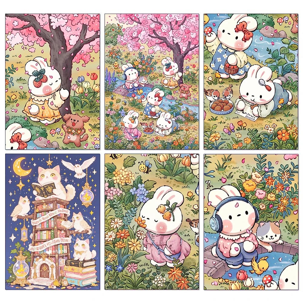 Kit di Ricamo Diamantato Kawaii con Coniglietto e Fiori di Sakura, Mosaico Fai-da-Te per Decorazione Artistica di Camere dei Bambini e Soggiorni