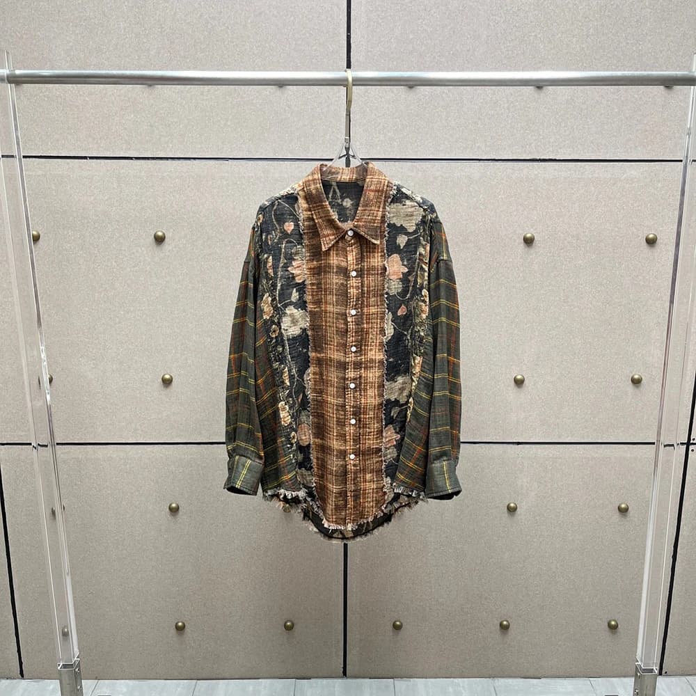 100% Y2K Cotton Front-Retro Printed Fleece Shirts Versatile for washed commuters patchwork Top 2025 Autumn/Winter New Arrival