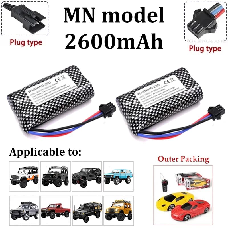Batteria per Auto Telecomandata MN78 MN82 MN128 MN168, 7.4V 2600mAh, Caricabatterie LC79 per Auto Telecomandata Fuoristrada
