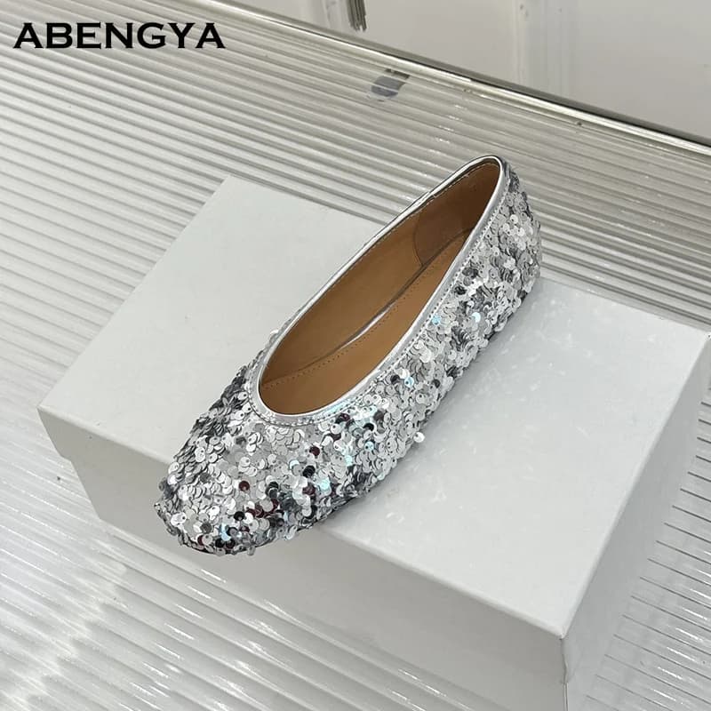 Nuove Scarpe da Ballo in Pelle Luccicante Autunnali per Donna, Mules con Punta Tonda, Scarpe Basse Eleganti, Calzature da Designer per Feste e Banchetti, Scarpe da Passeggio Femminili