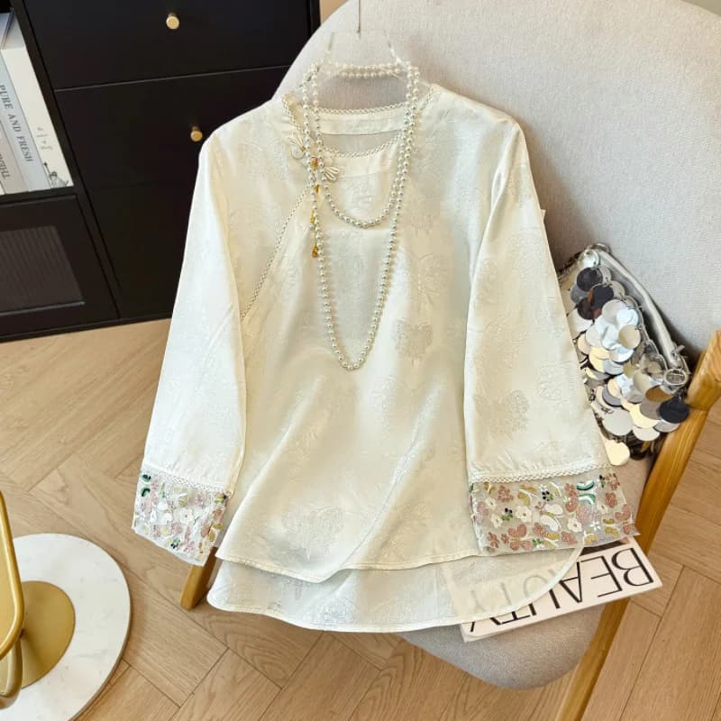 Elegant Chinese Style Acetate Shirt Fashionable Seven Sleeveless Top Versatile Skin-friendly Breathable Women's Summer Blouse