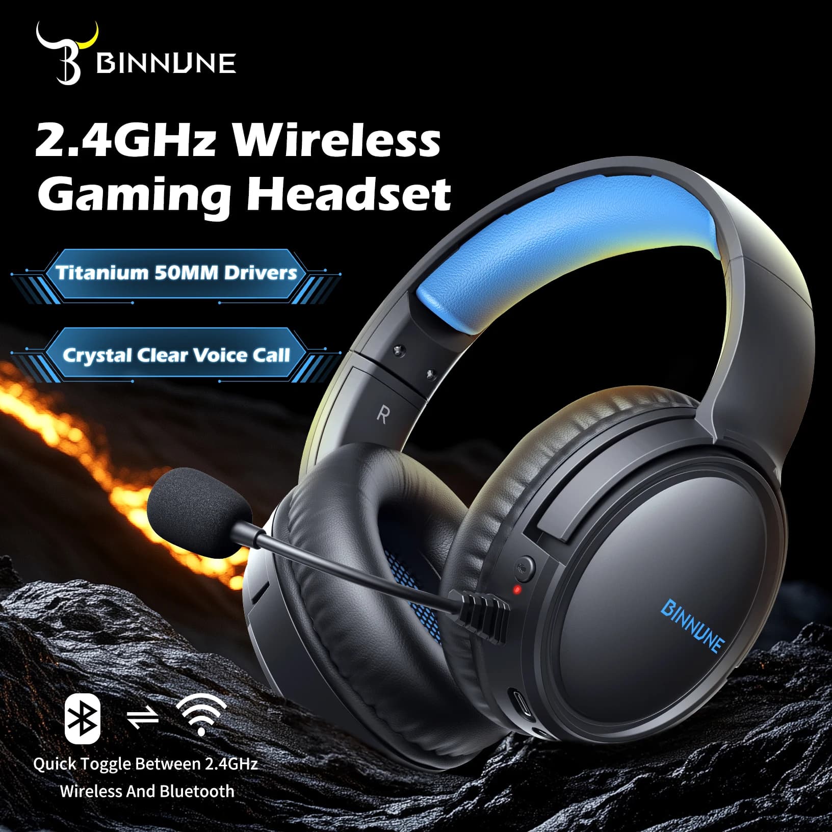 BINNUNE BW02 Cuffie wireless da gioco per PS5 PS4 PC, NS, cuffie da gioco USB Bluetooth 5.2 con microfono con cancellazione del rumore