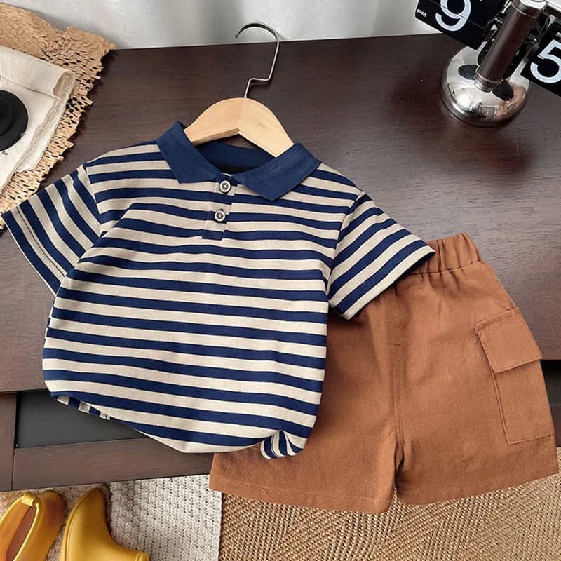 Set da 2 pezzi Estate Ragazzi Boutique Abbigliamento Coreano Casual Moda Stripe Cotone Manica corta Top per bambini + Pantaloncini Vestiti per bambini B007