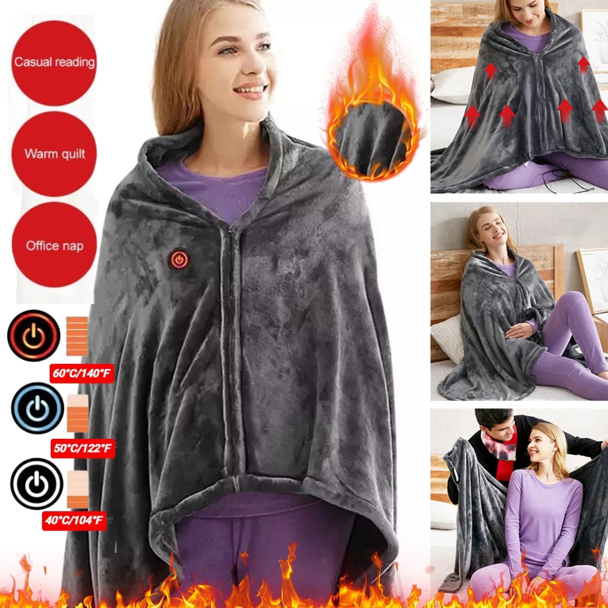 Electric Heating Blanket USB Charging Heated Shawl 3 Heaed Level Coral Fleece Plush Winter Warm Shawl for Outdoor Home 150x80cm