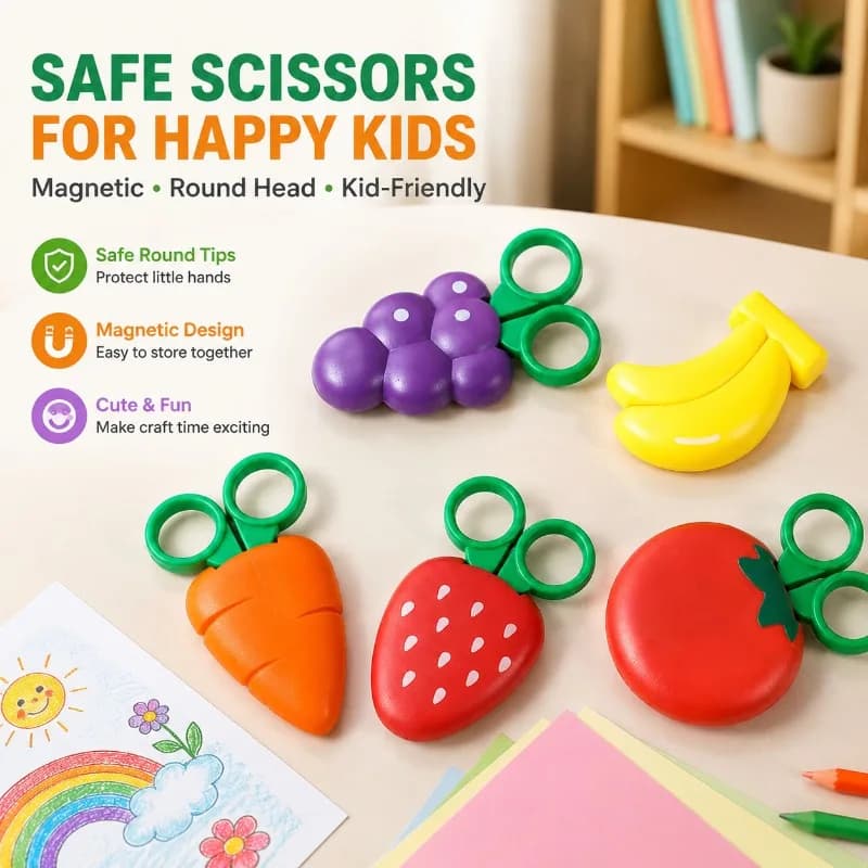 Fruit‑Shaped Kids Scissors with Magnetic Attachment Student Stationery Plastic Shears Kindergarten Handcraft Tool