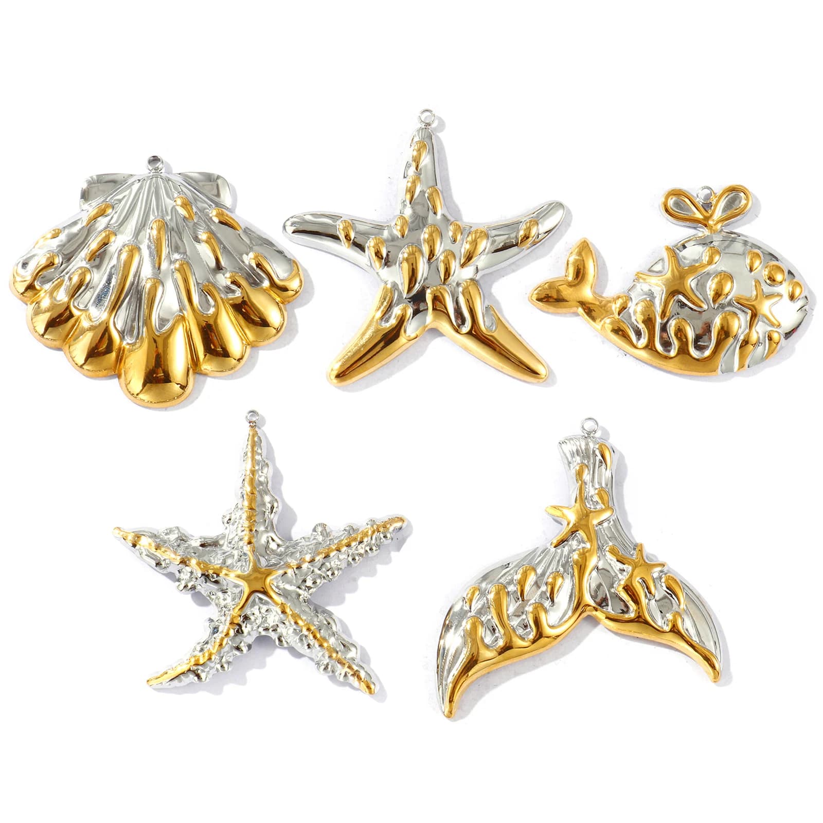 1pc 304 Stainless Steel Ocean Jewelry Starfish Shell Charms 18K Gold Plated&Silver Plated Two Tone Pendant DIY Necklace Making