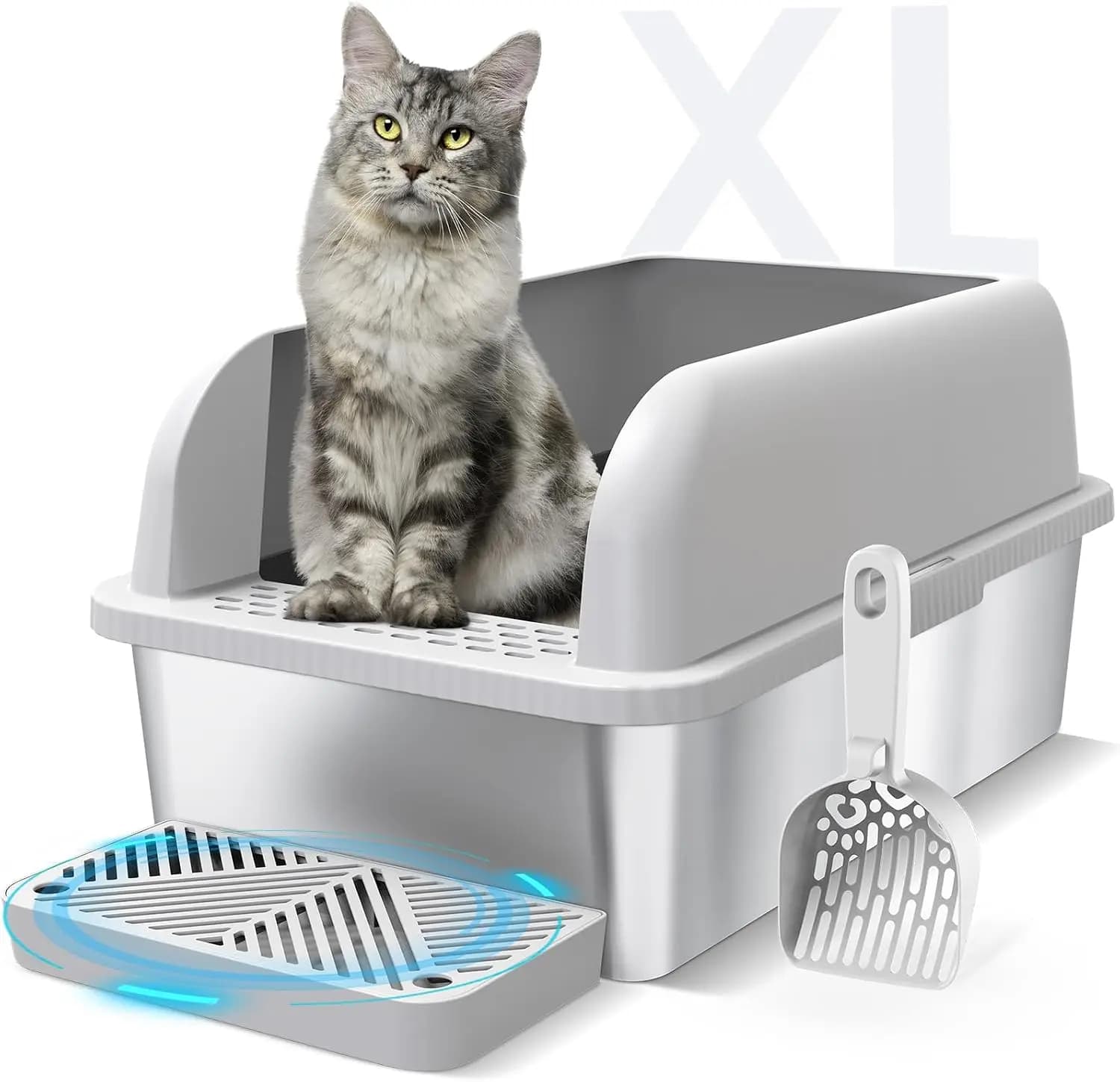 XL Stainless Steel Cat Litter Box with Lid, High Sides for Big Cats, Anti-Leak & Odor Control, Easy Clean