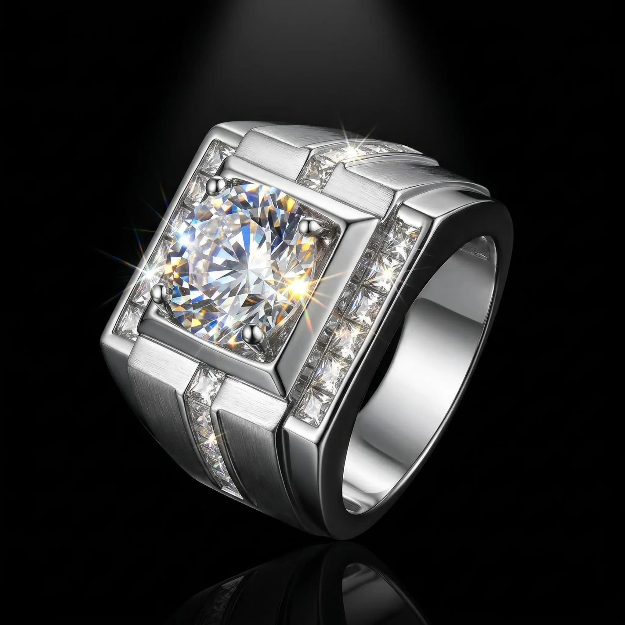 Anello con Moissanite Rotonda da 4 Carati, Argento 925, Colore D VVS1, Montatura a Canale con Halo Quadrato, Fede Nuziale da Uomo, Supera il Test del Diamante