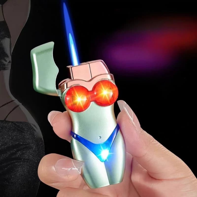Accendino di bellezza bikini luminoso alla moda Accendino gonfiabile antivento dritto con fiamma blu Gadget per fumatori per regali da uomo