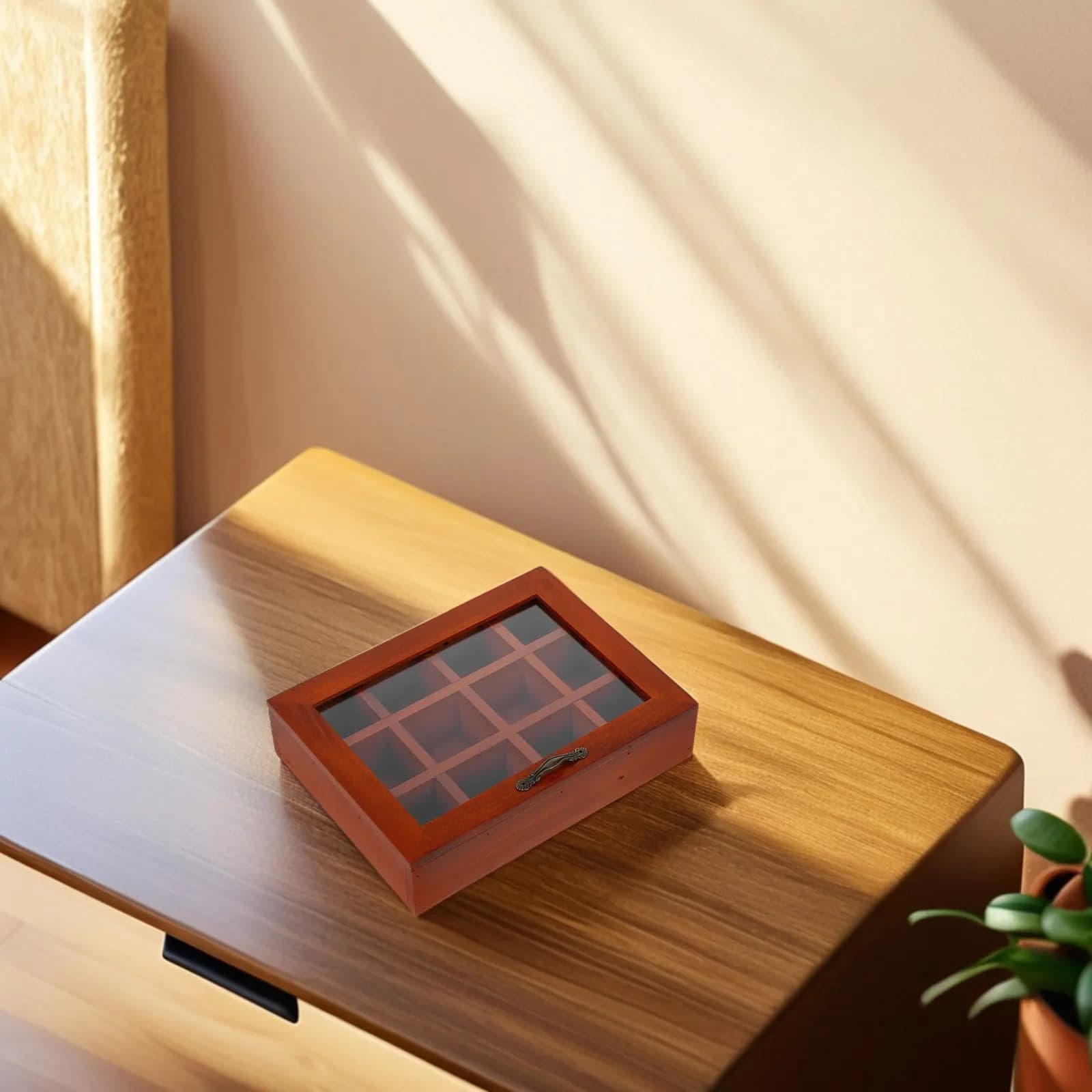 Retro Wooden Jewelry Storage Tray with Clear Lid 12 Compartment Multifunctional Organizer for Rings Bracelets Pendants Beads