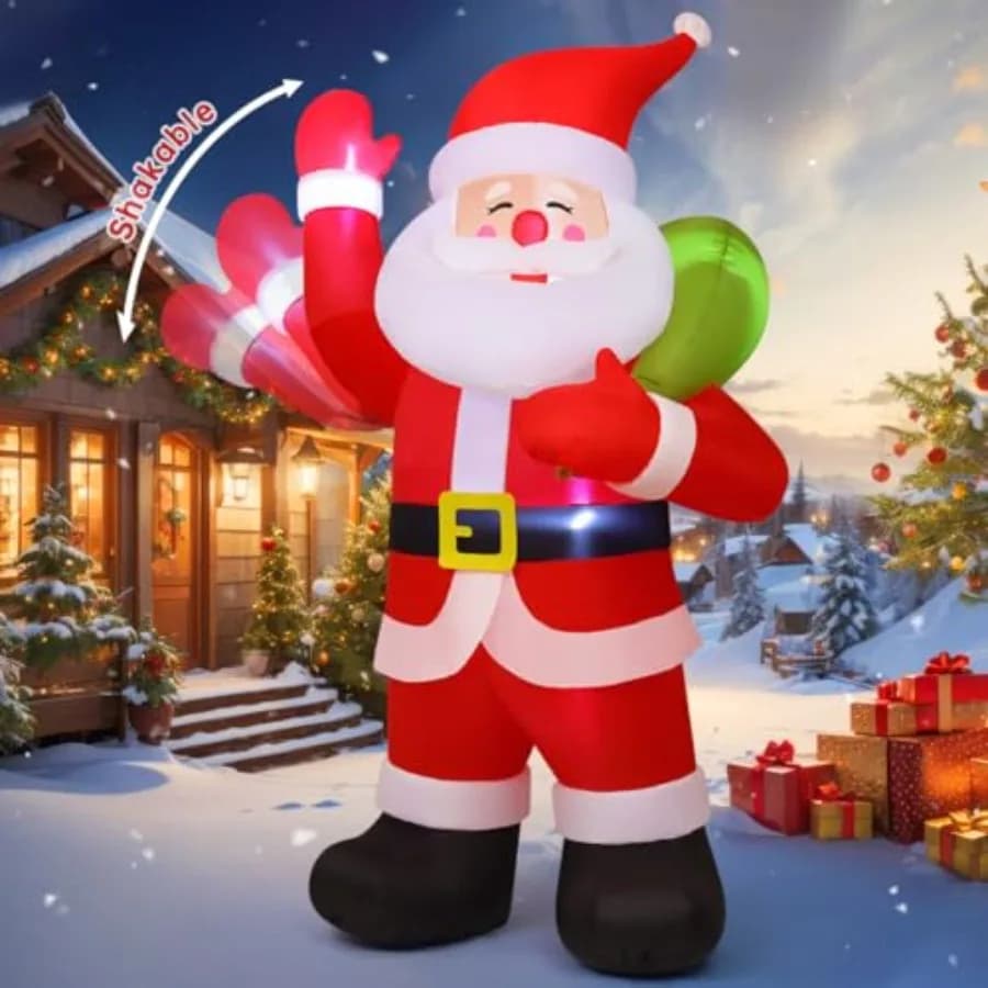 Babbo Natale Gonfiabile Animato da Esterno 2,7 m con LED Integrati, Tessuto Rosso e Bianco, Mano che Agita e Sacco Regalo per Prato, Giardino, Decorazioni per Feste