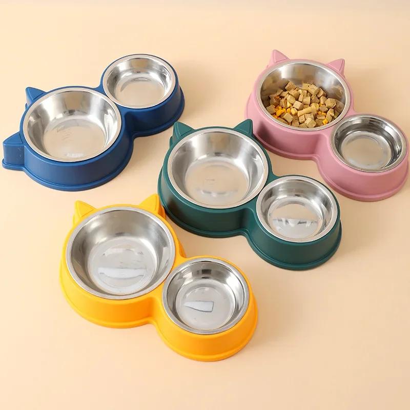 Nuovo cucciolo di gattino forniture per l'alimentazione Due ciotole per animali domestici Bevitore per cibo per cani Piatto per bere animali domestici in acciaio inossidabile Dispositivo di accesso per mangiatoie