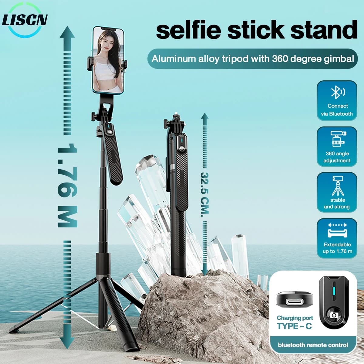 Treppiede per telefono con stick selfie Bluetooth da 176 cm 360 ° Ruota il selfie stick anti-vibrazione montato a pavimento per la fotografia e il video