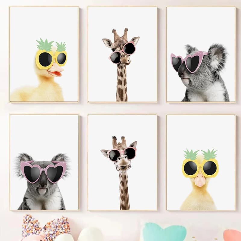 Funny Orangutan Koala Giraffe Duck with Sunglasses Poster Cute Animals Diamond Painting Wall Art Picture for Nursery Home Deco