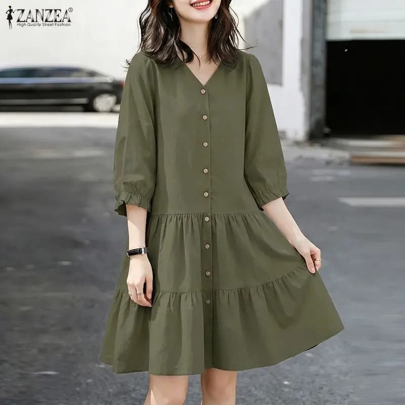 ZANZEA Abito da donna minimalista casual a balze con maniche a sbuffo 3/4, abito con bottoni e scollo a V, lunghezza al ginocchio, estivo 2026, linea ad A, Robes Femme