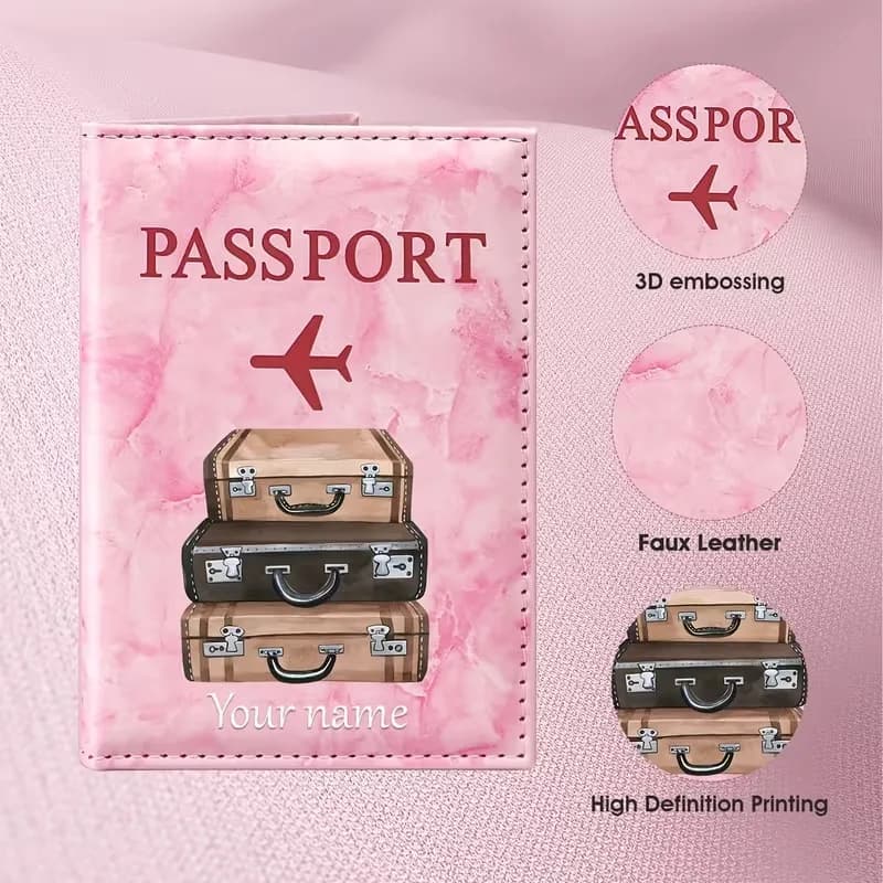 Custom Name Travel Retro Suitcase Pattern Design PU Passport Holder, Classic Brown Texture And Stacked Suitcase Elements Present
